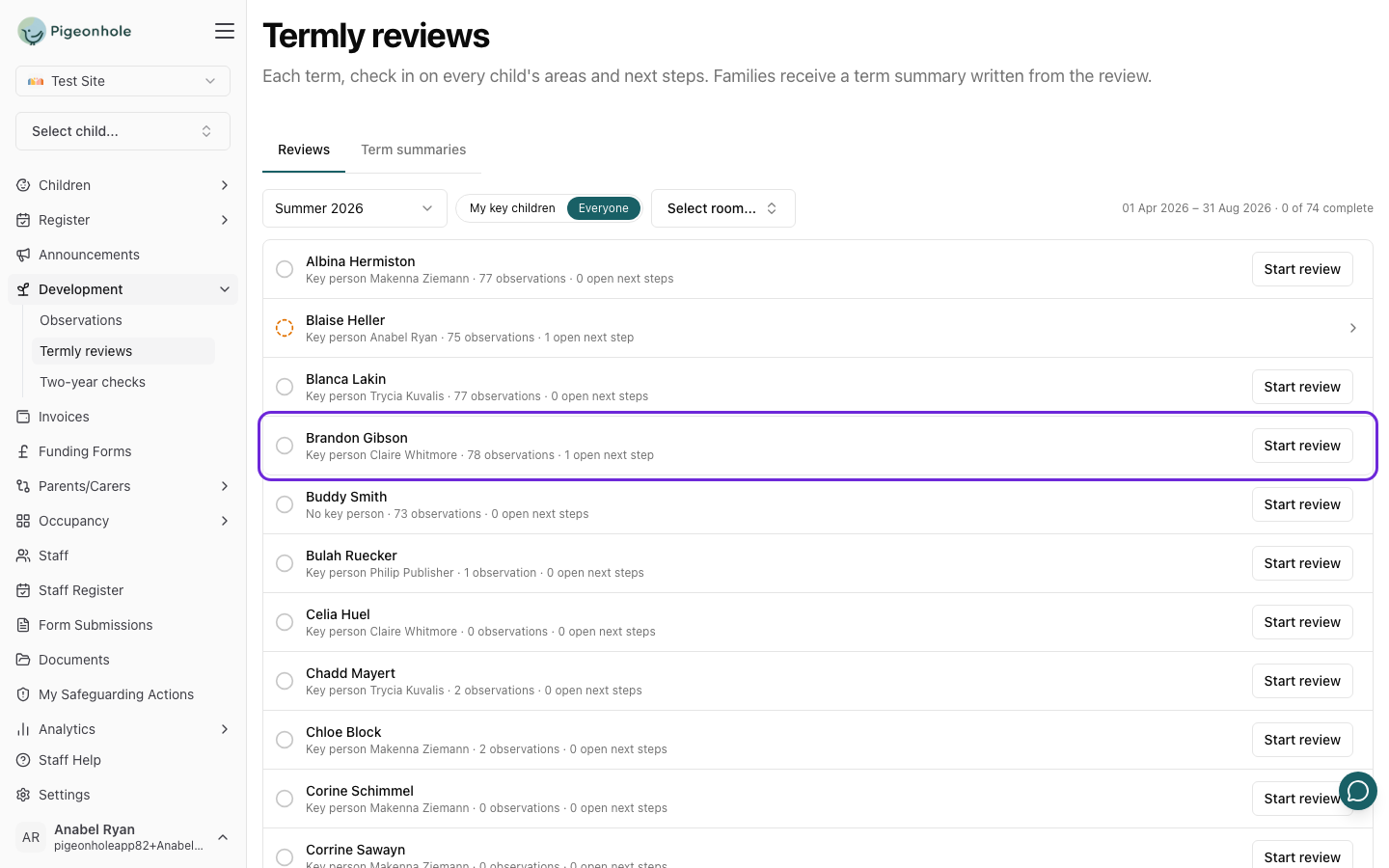The Termly reviews page on Summer 2026, listing every child with their key person, observation count and open next steps, with Brandon Gibson highlighted