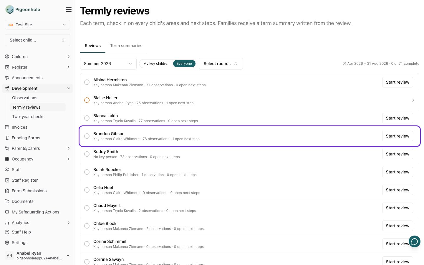 The Termly reviews page on Summer 2026, listing every child with their key person, observation count and open next steps, with Brandon Gibson highlighted