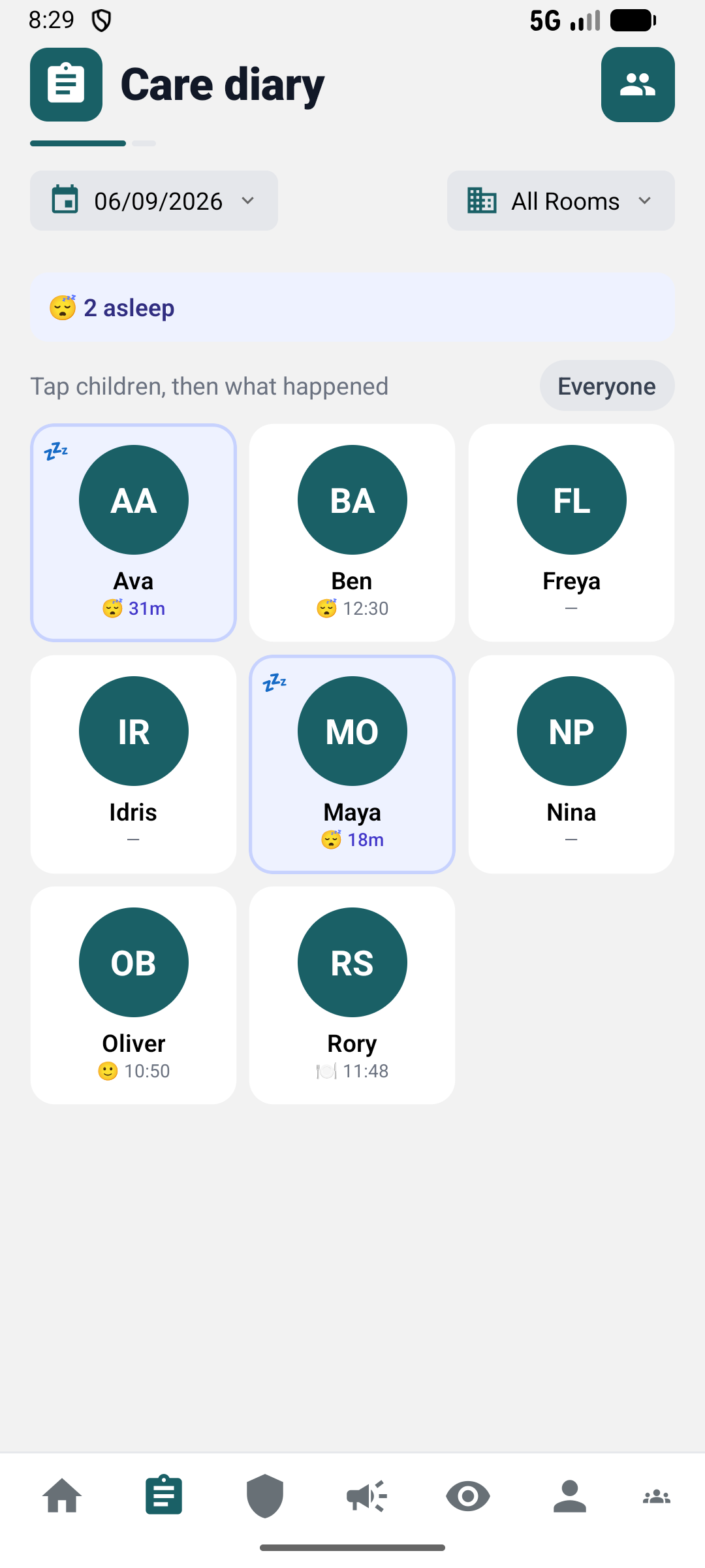 The care diary in the app showing a room of children as tiles, with sleeping children highlighted and their sleep time counting up
