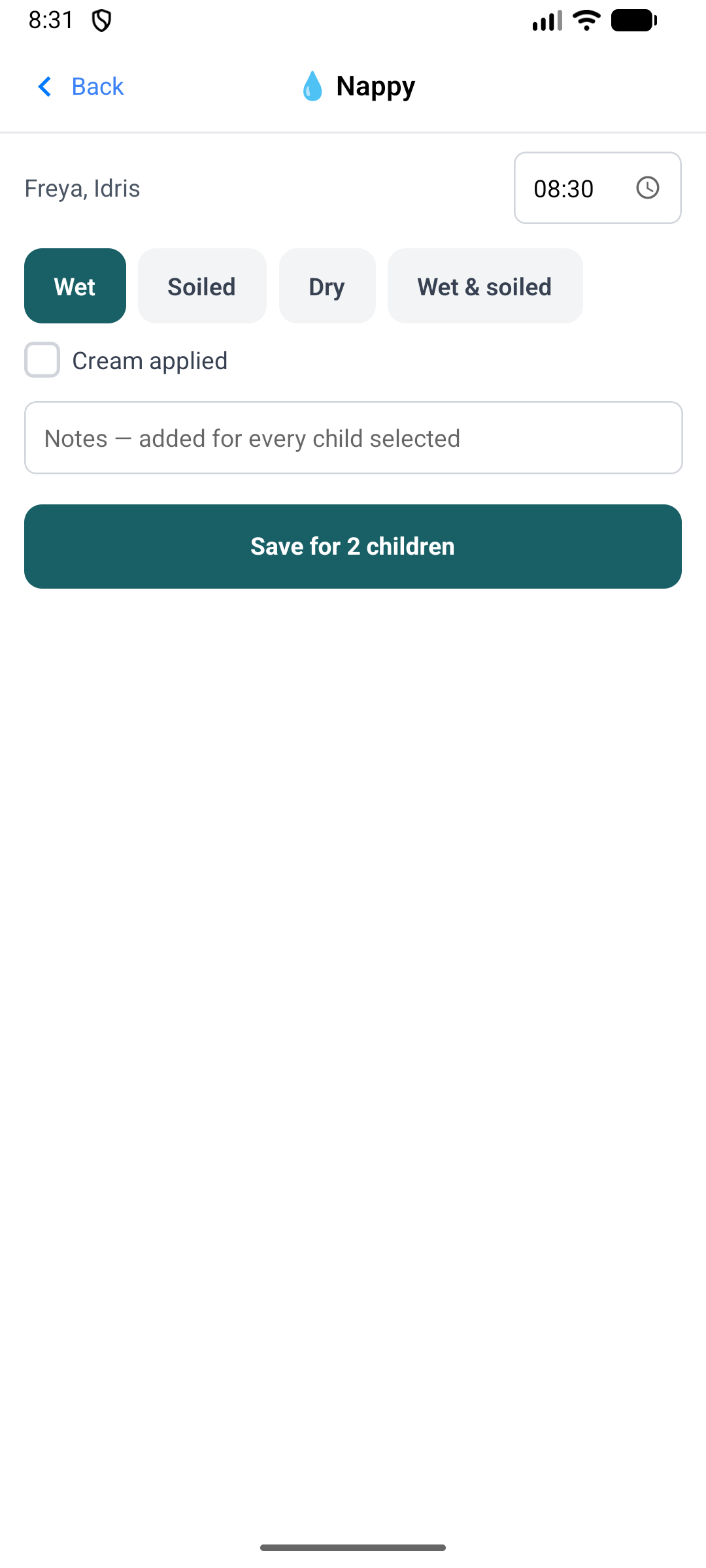 The Nappy sheet showing it applies to Freya and Idris, the time, the state options, cream applied, and a Save for 2 children button