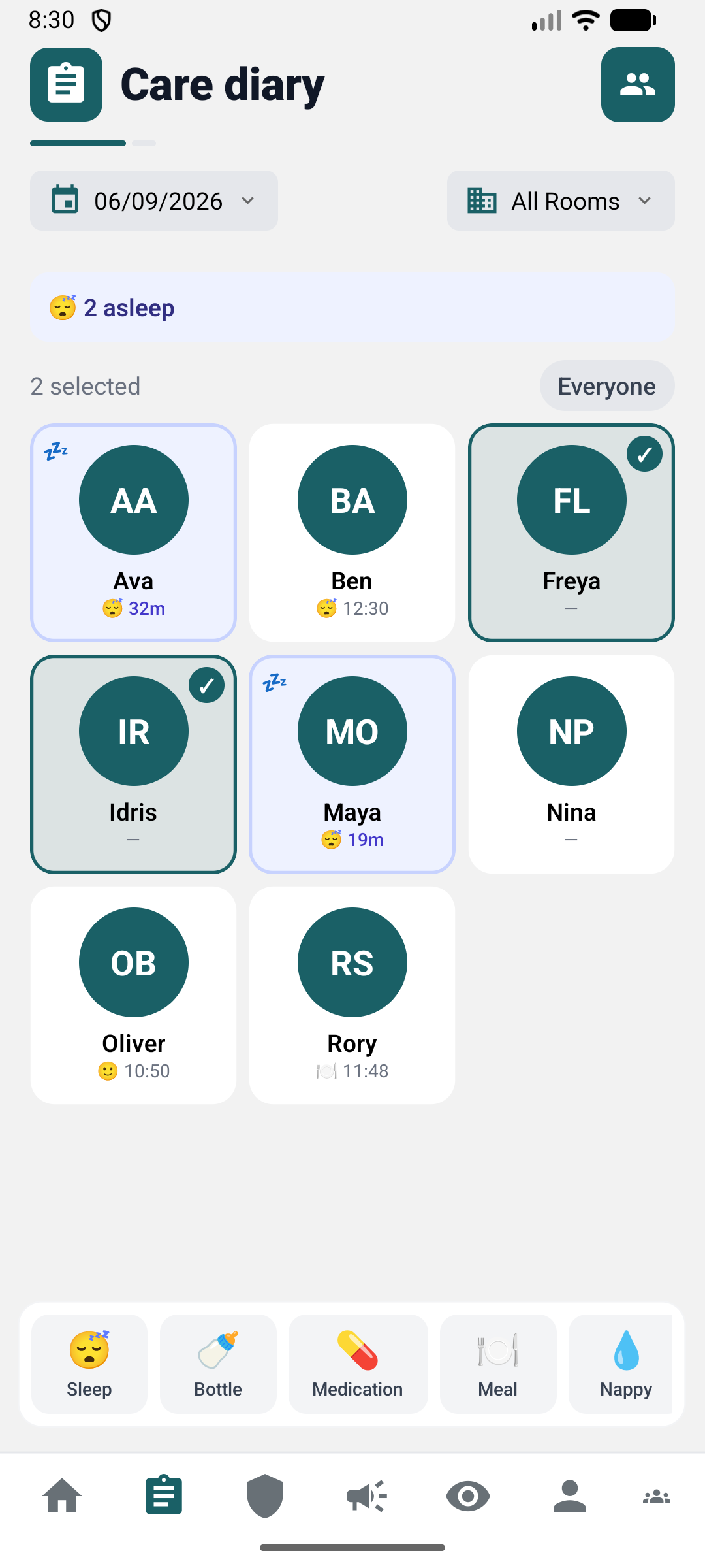 The care diary with two children selected and the action bar showing Sleep, Bottle, Medication, Meal and Nappy