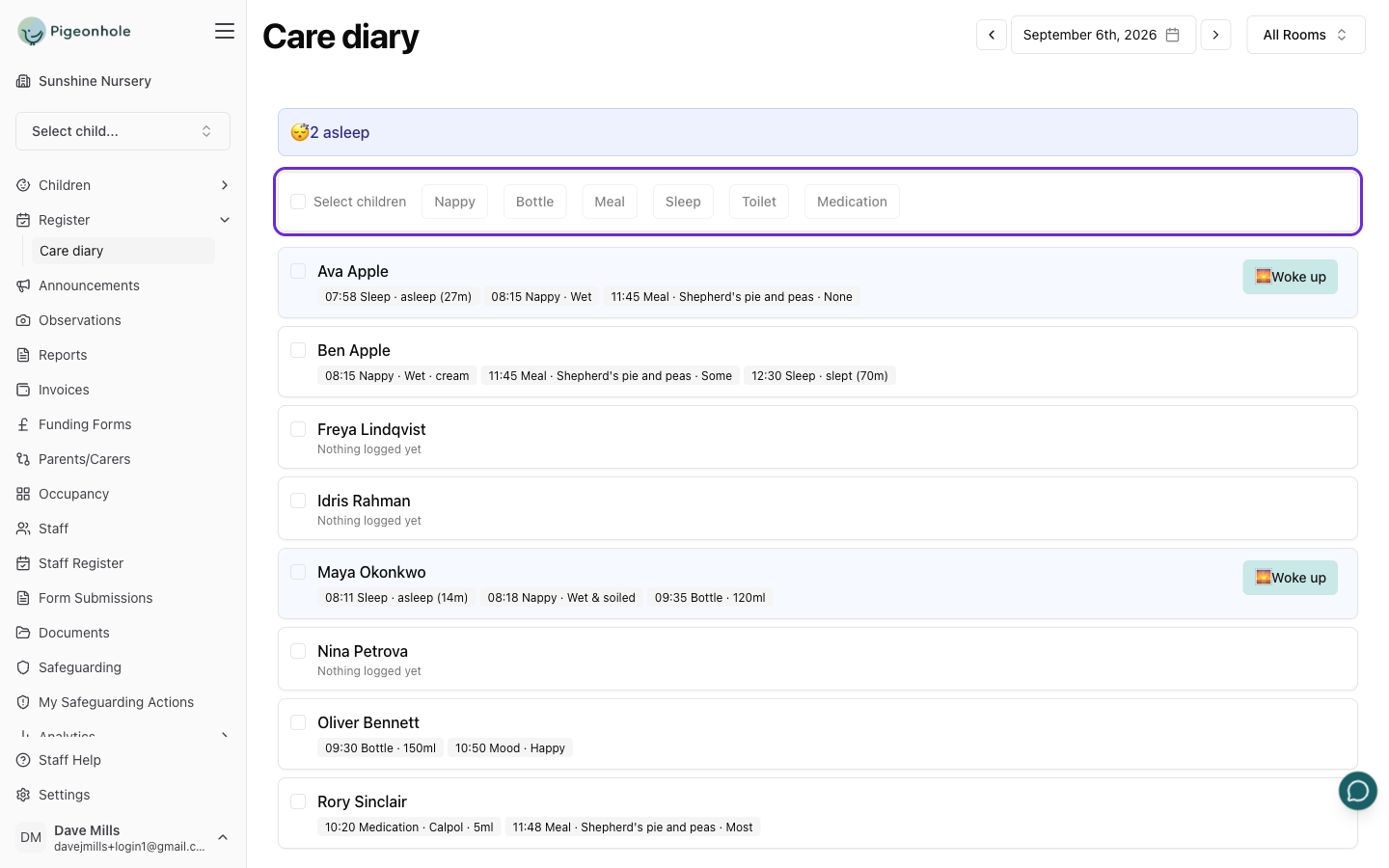 The care diary showing a room of children, each with the entries logged for them today, and the action bar across the top
