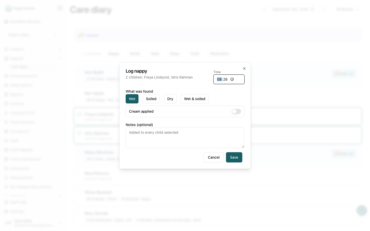 The Log nappy dialog showing it applies to two children, the time, the state options and a notes field
