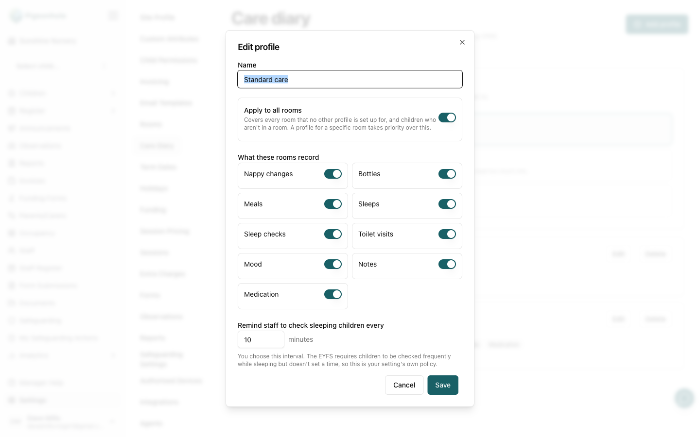 The Edit profile dialog showing the name field, Apply to all rooms toggle, nine event type switches, and the sleep check interval in minutes