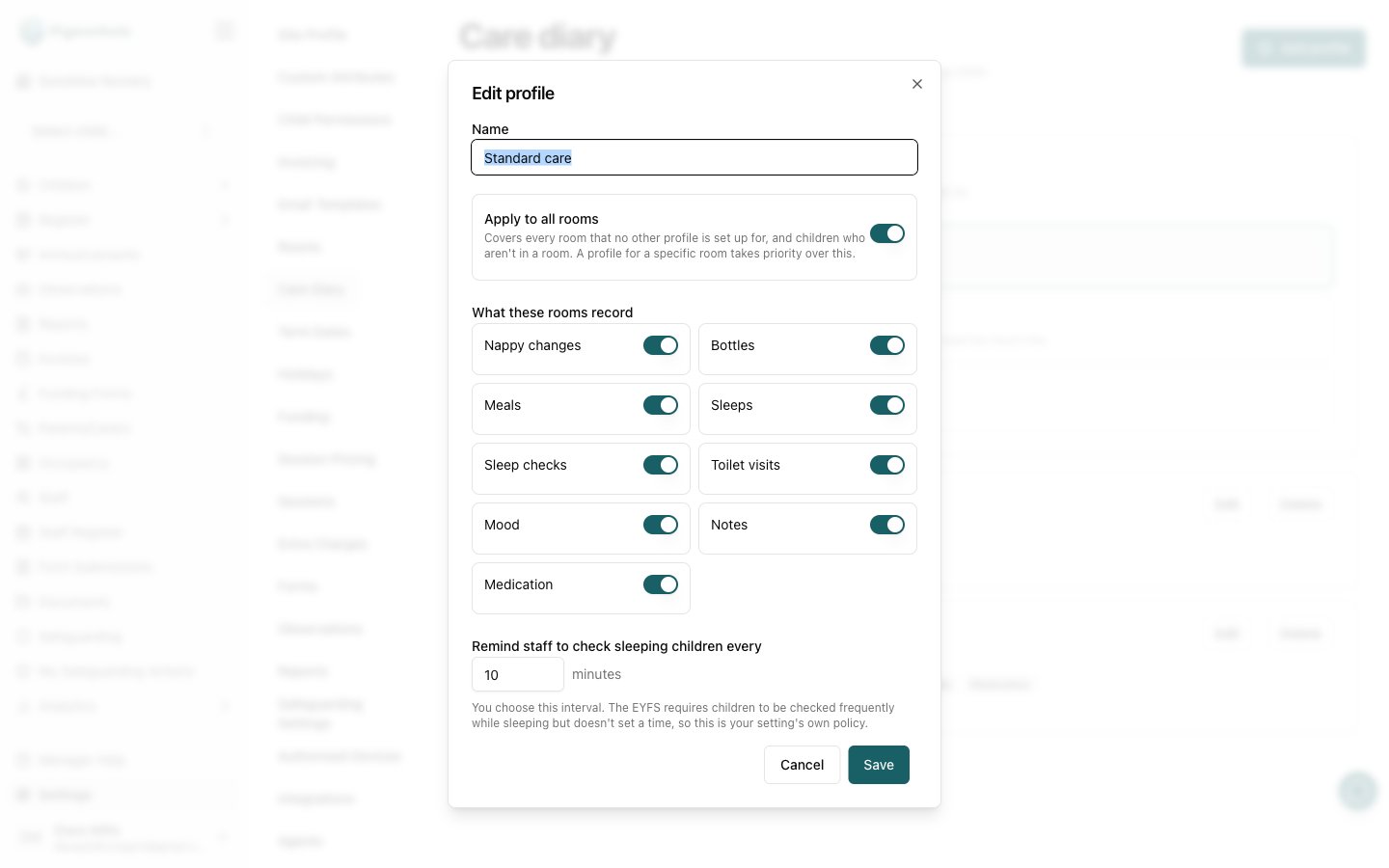 The Edit profile dialog showing the name field, Apply to all rooms toggle, nine event type switches, and the sleep check interval in minutes