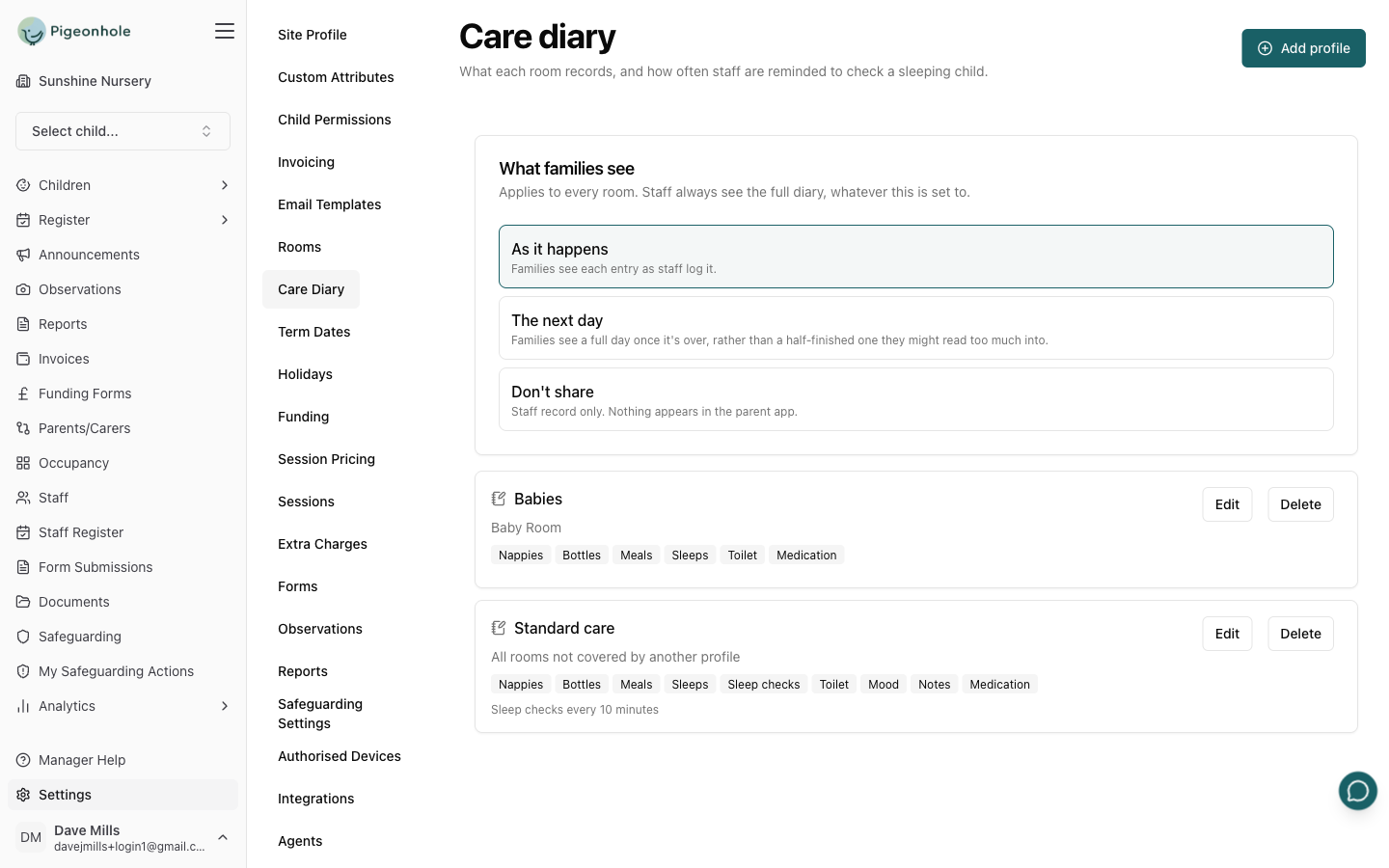 The Care diary settings page showing the What families see card and two profiles — Babies for the Baby Room, and Standard care for all other rooms
