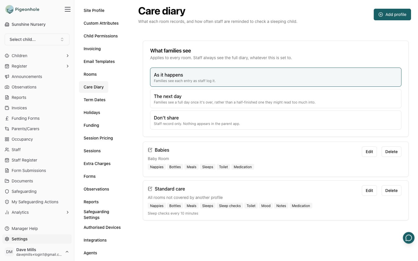 The Care diary settings page showing the What families see card and two profiles — Babies for the Baby Room, and Standard care for all other rooms