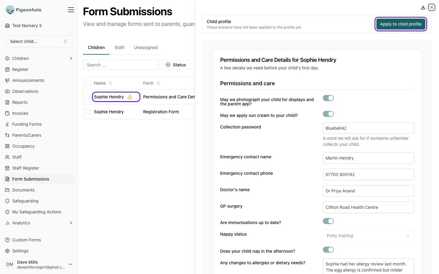 A completed permissions form with the Apply to child profile button