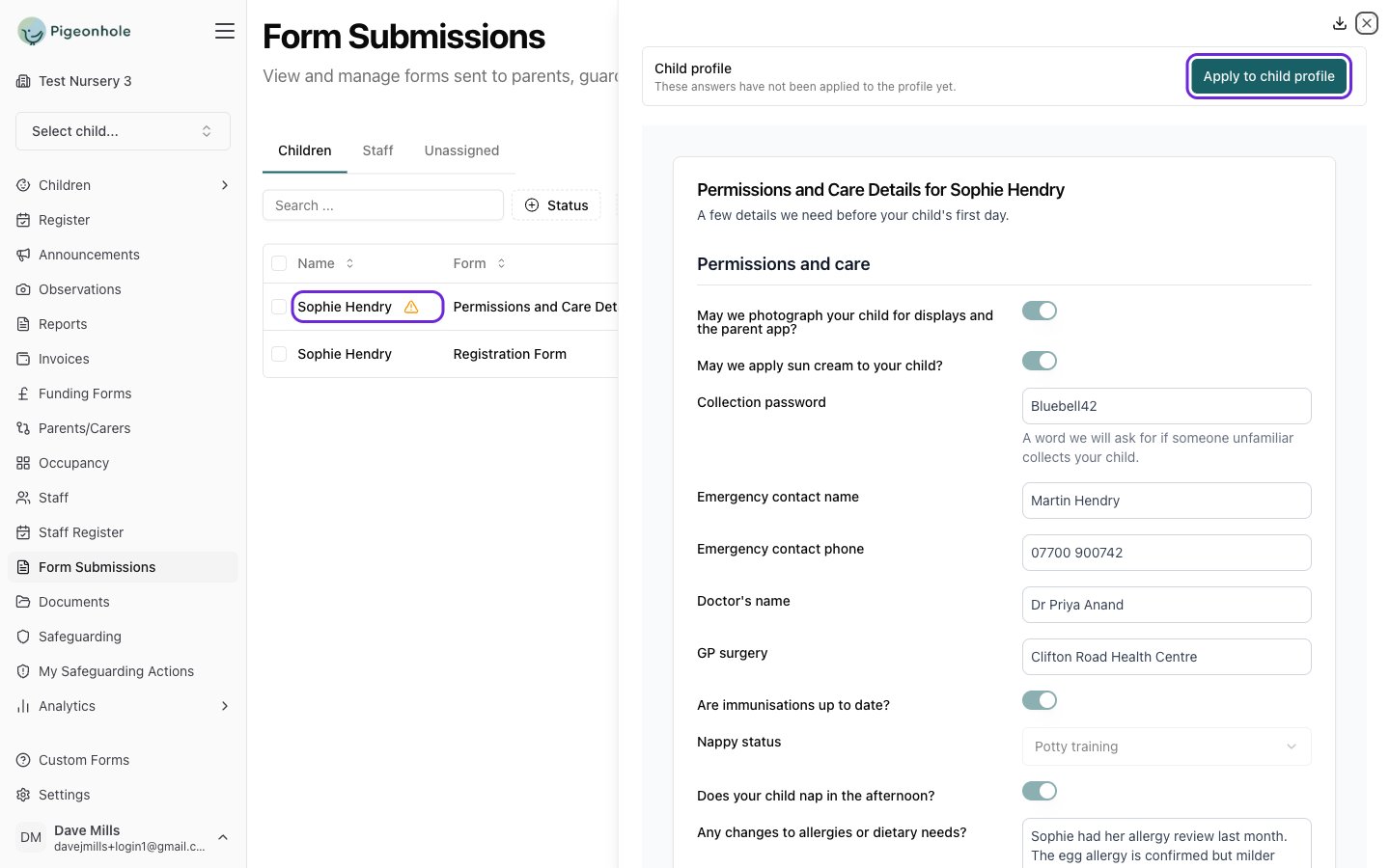 A completed permissions form with the Apply to child profile button