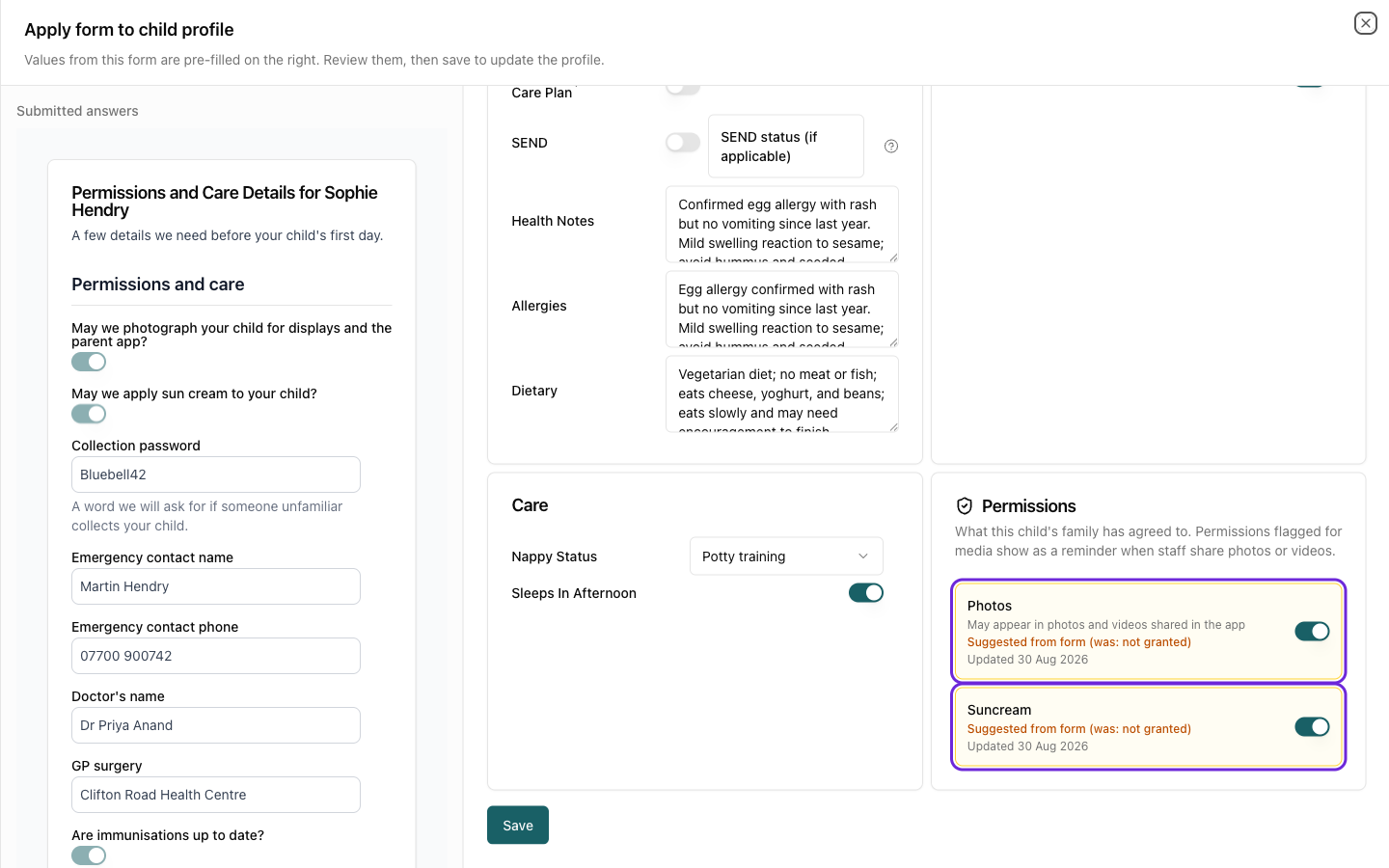 Photos and Suncream permissions proposed from the form, flagged as suggested