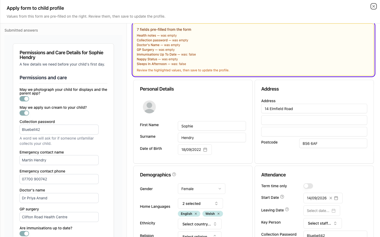 The apply view: the submitted form on the left, the pre-filled profile with highlighted suggestions on the right