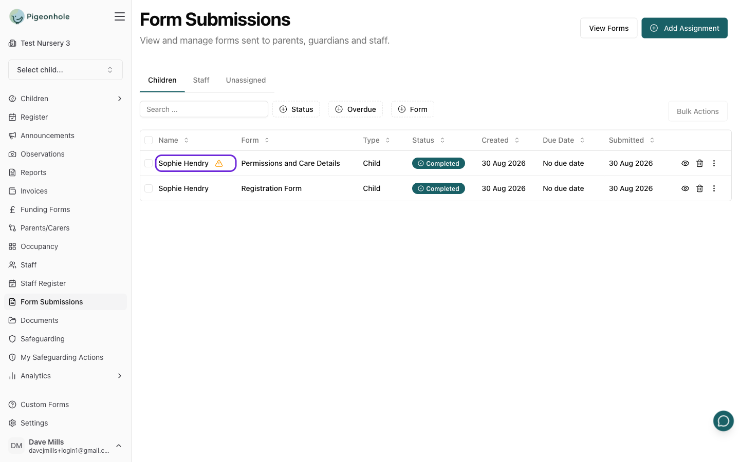 The Children tab showing an amber warning triangle beside a submission that hasn't been applied