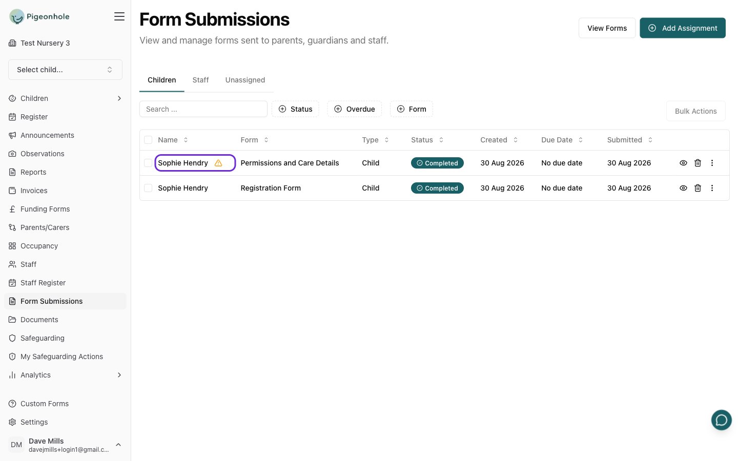 The Children tab showing an amber warning triangle beside a submission that hasn't been applied
