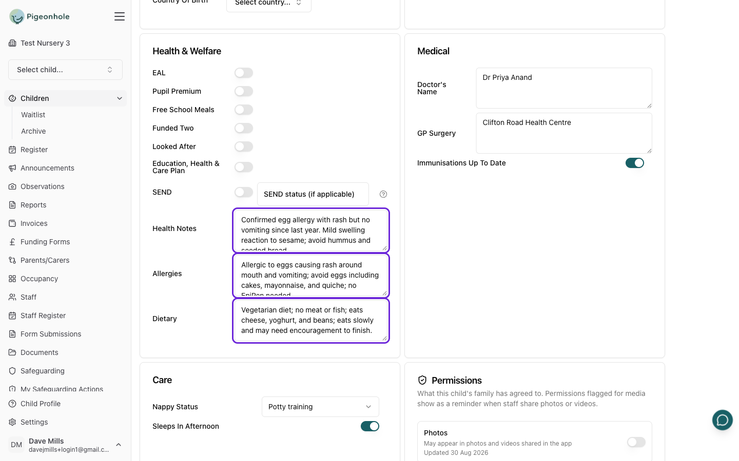 The child's profile showing the summarised health details and applied permissions
