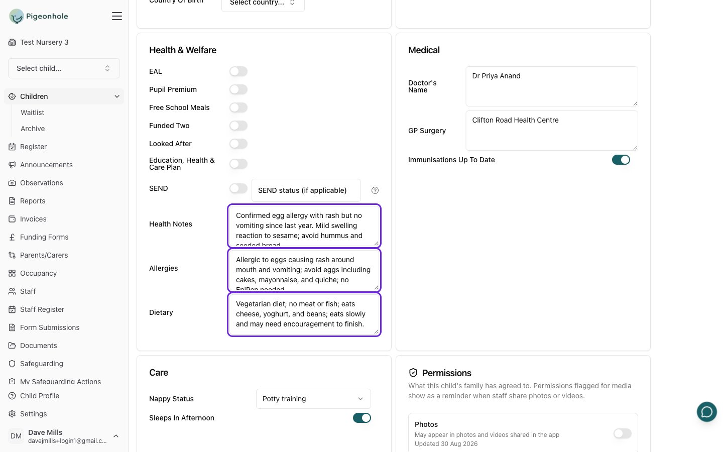 The child's profile showing the summarised health details and applied permissions
