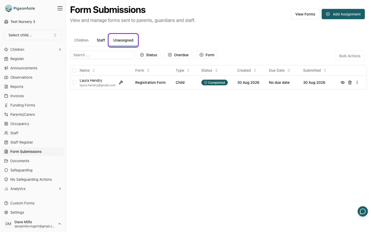 The Unassigned tab of the Form Submissions page showing a completed application form