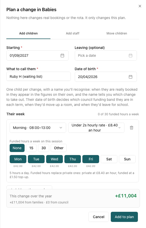 The Add children form: a start date, a name, how old they will be, and the session and price for their week