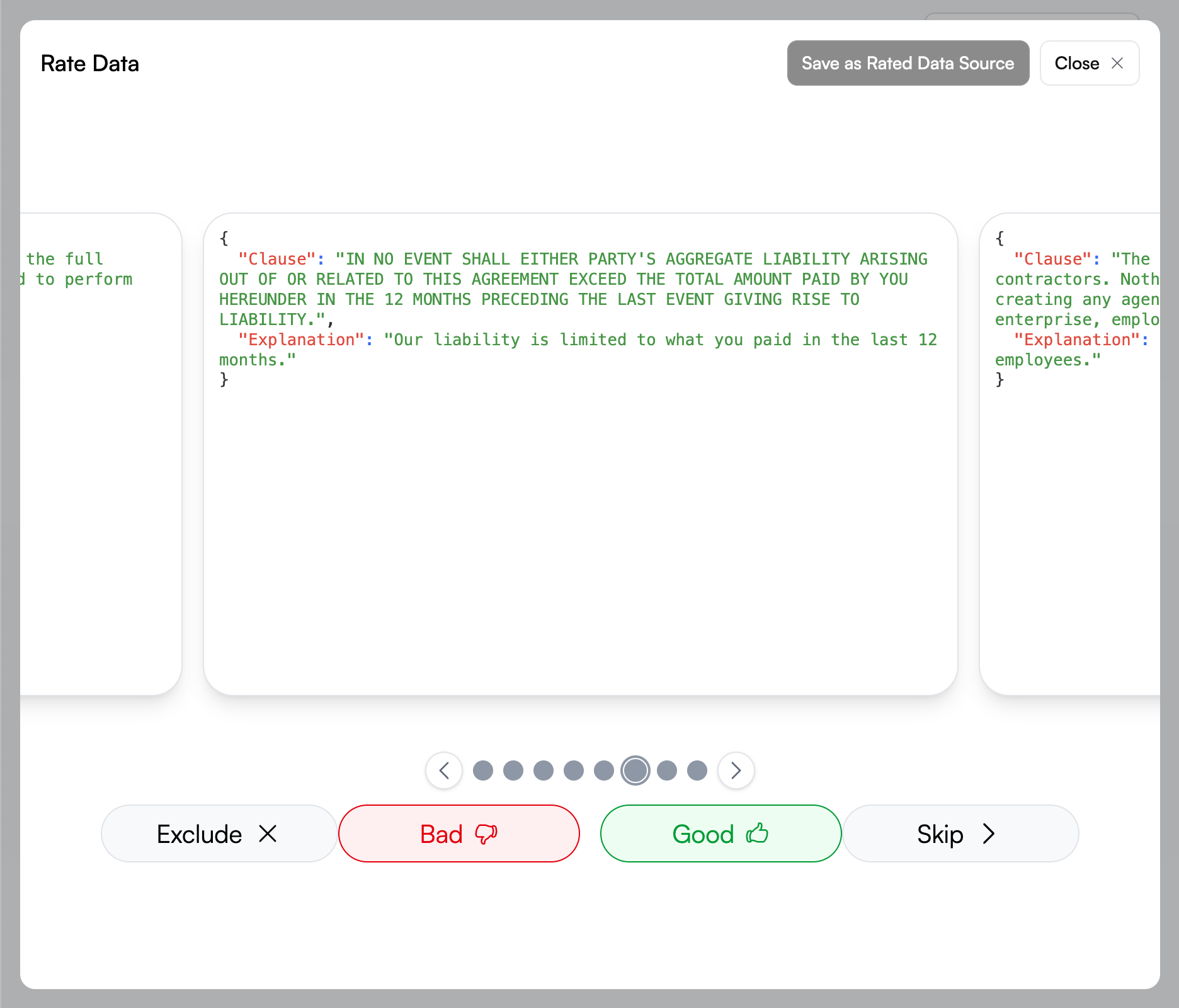 Data Rating interface in Pi Studio Copilot pane