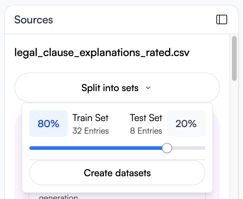 Example of splitting a rated data source into training and testing sets
