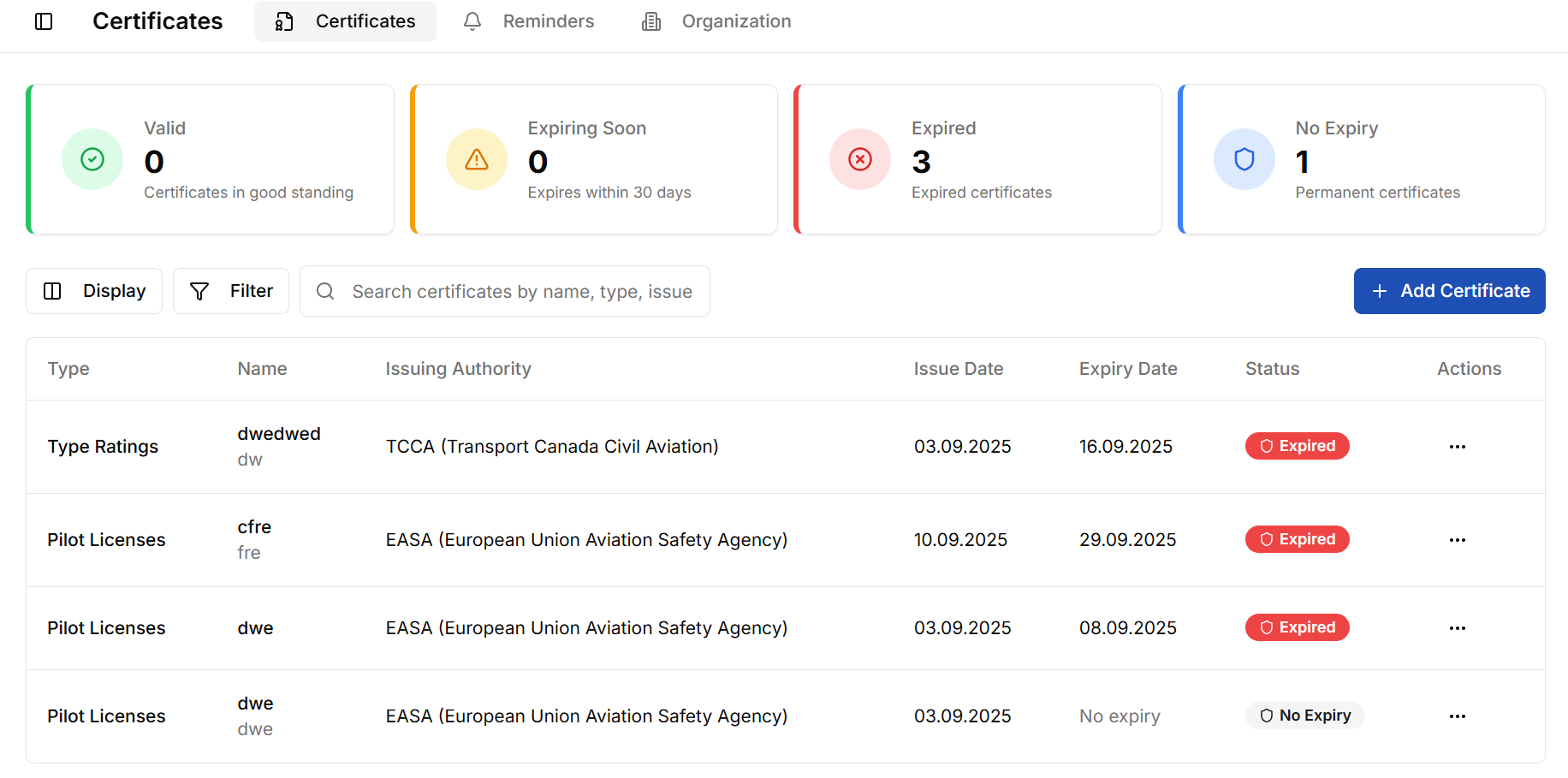 Certificate dashboard with status categories and certificate cards