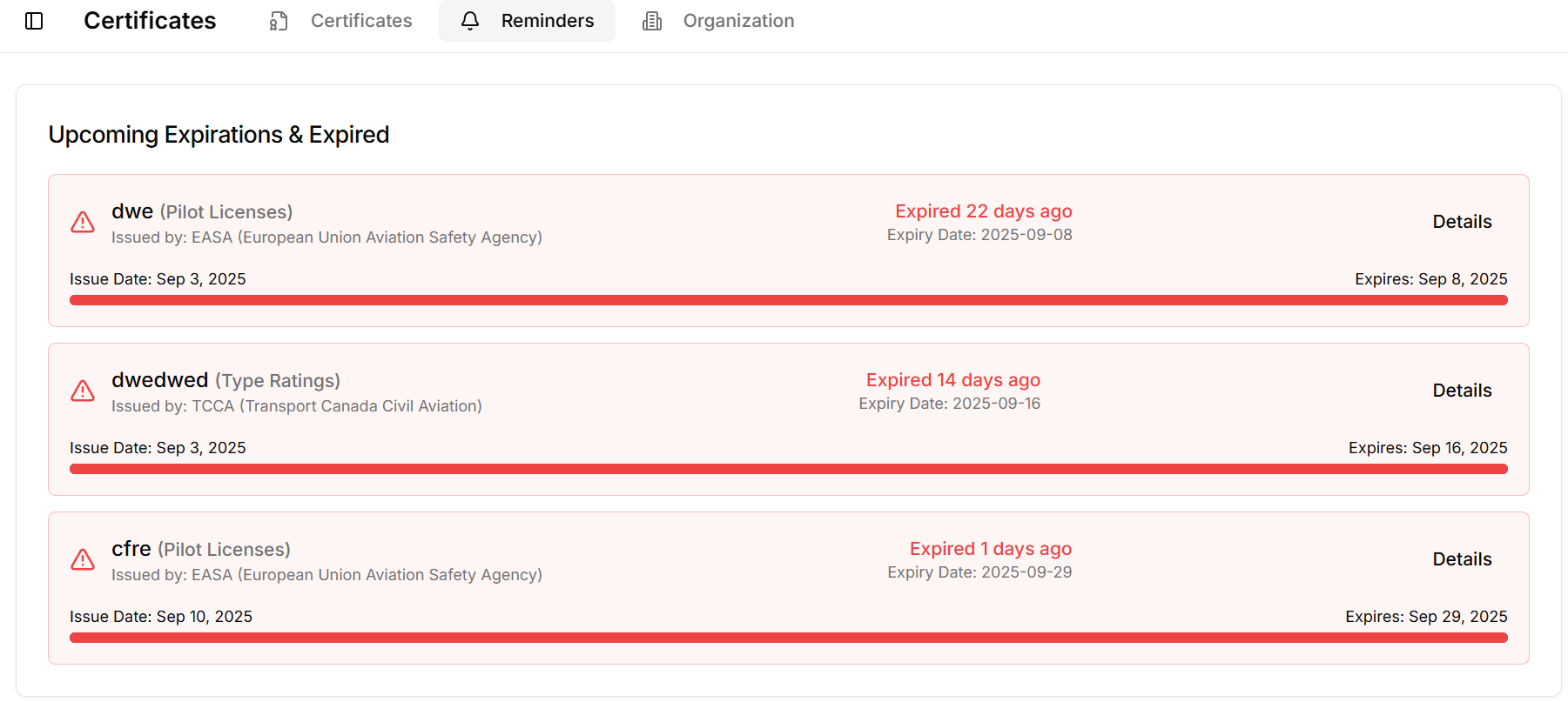 Reminders tab showing expiring certificates with countdown