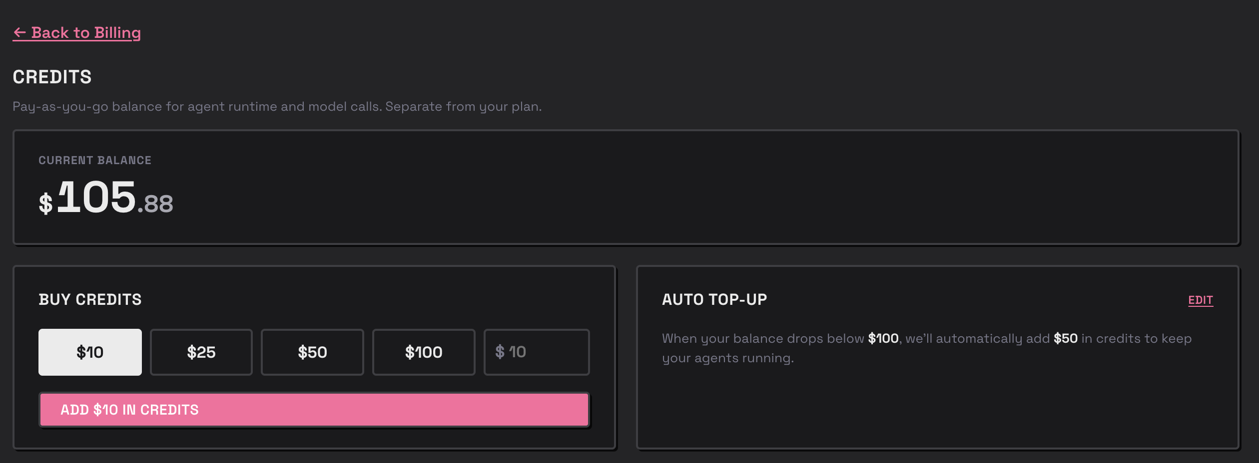 Buying credits in the Agents app Billing dashboard