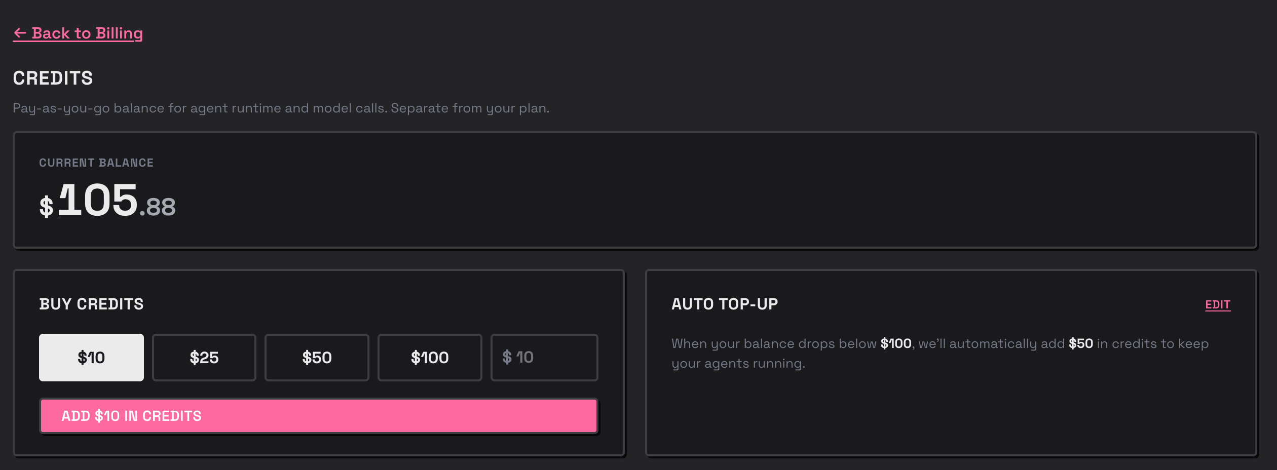 Buying credits in the Agents app Billing dashboard