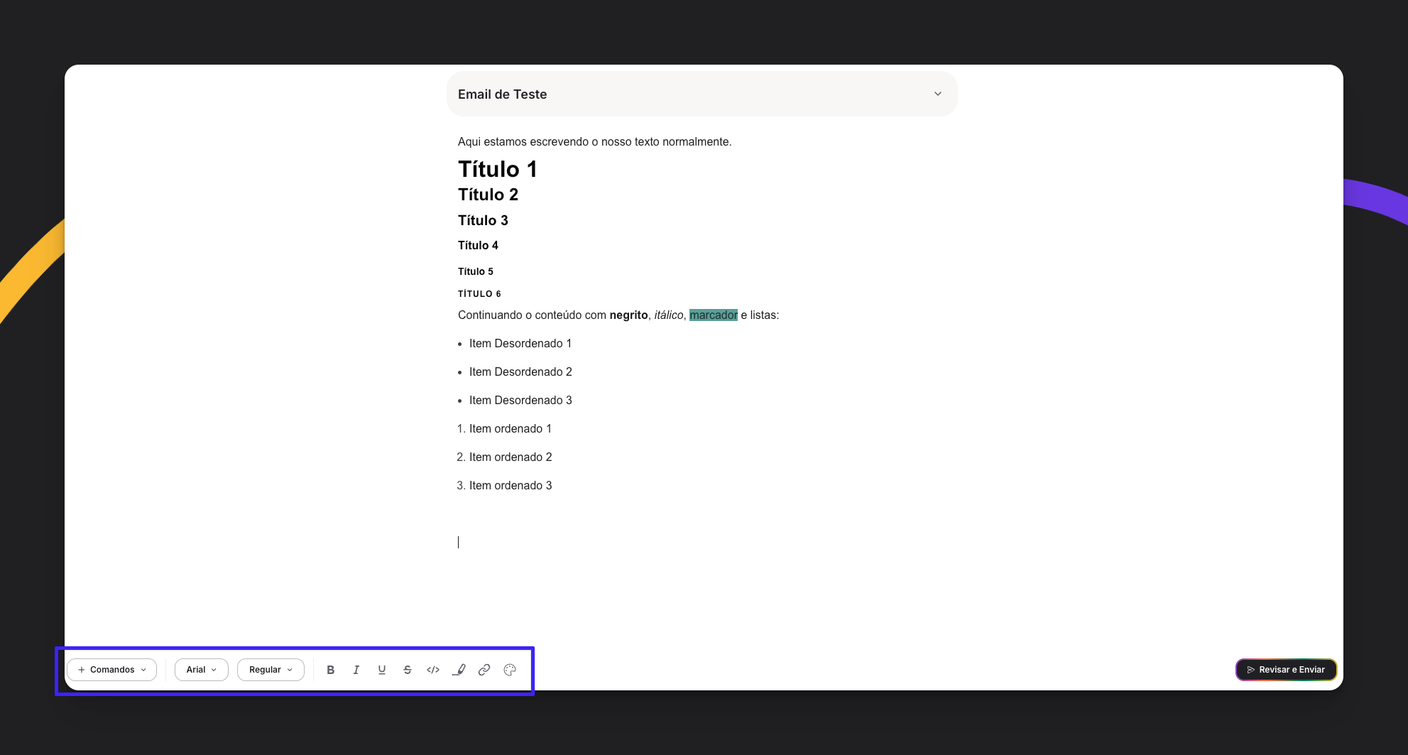 Barra de formatação na parte inferior