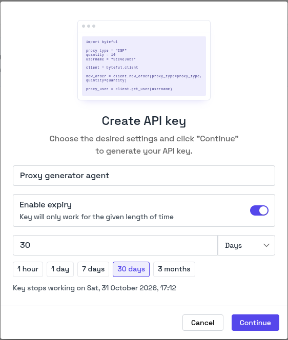 Byteful Create API Key Settings