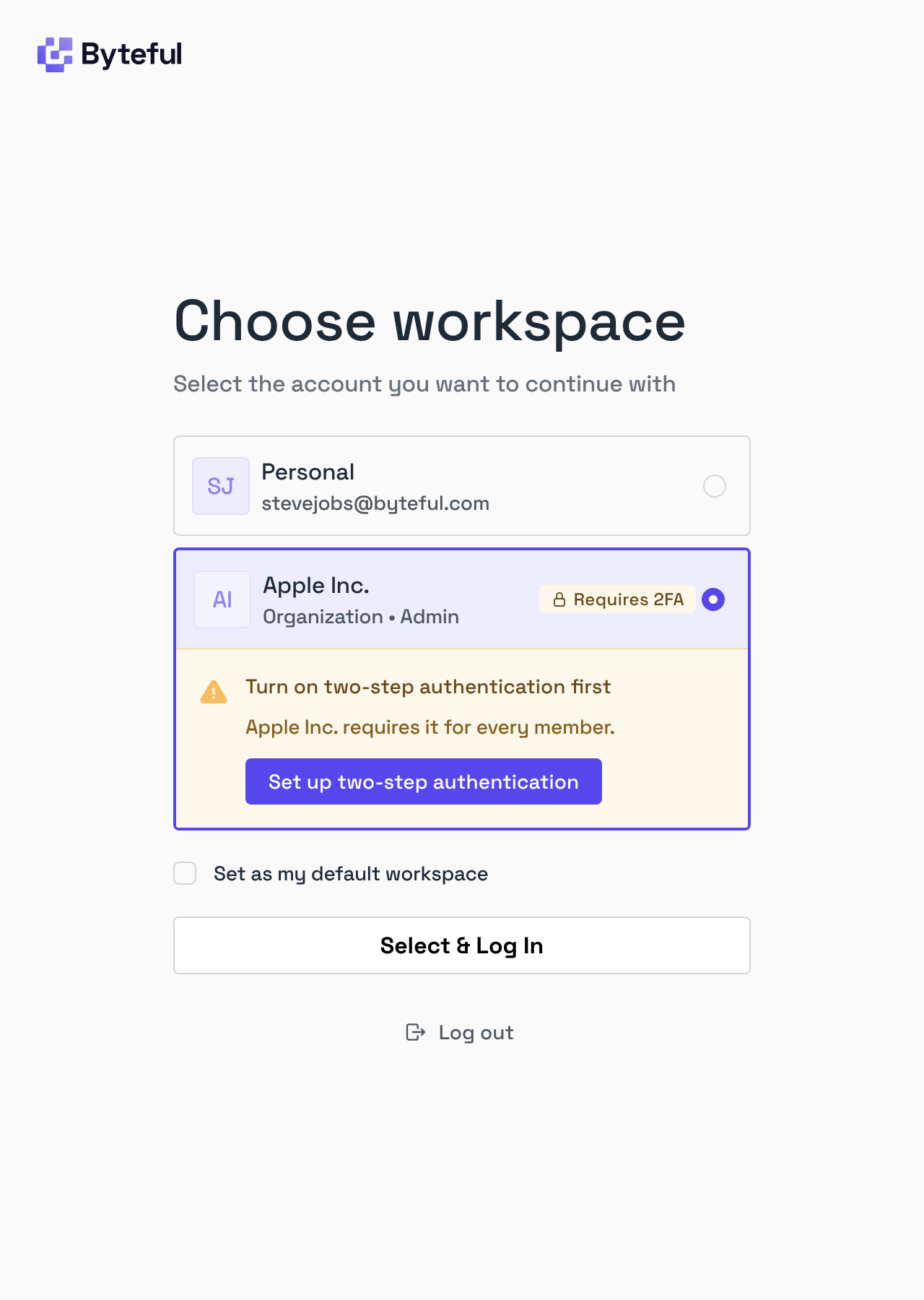 Byteful Workspace Requires Two-step Authentication