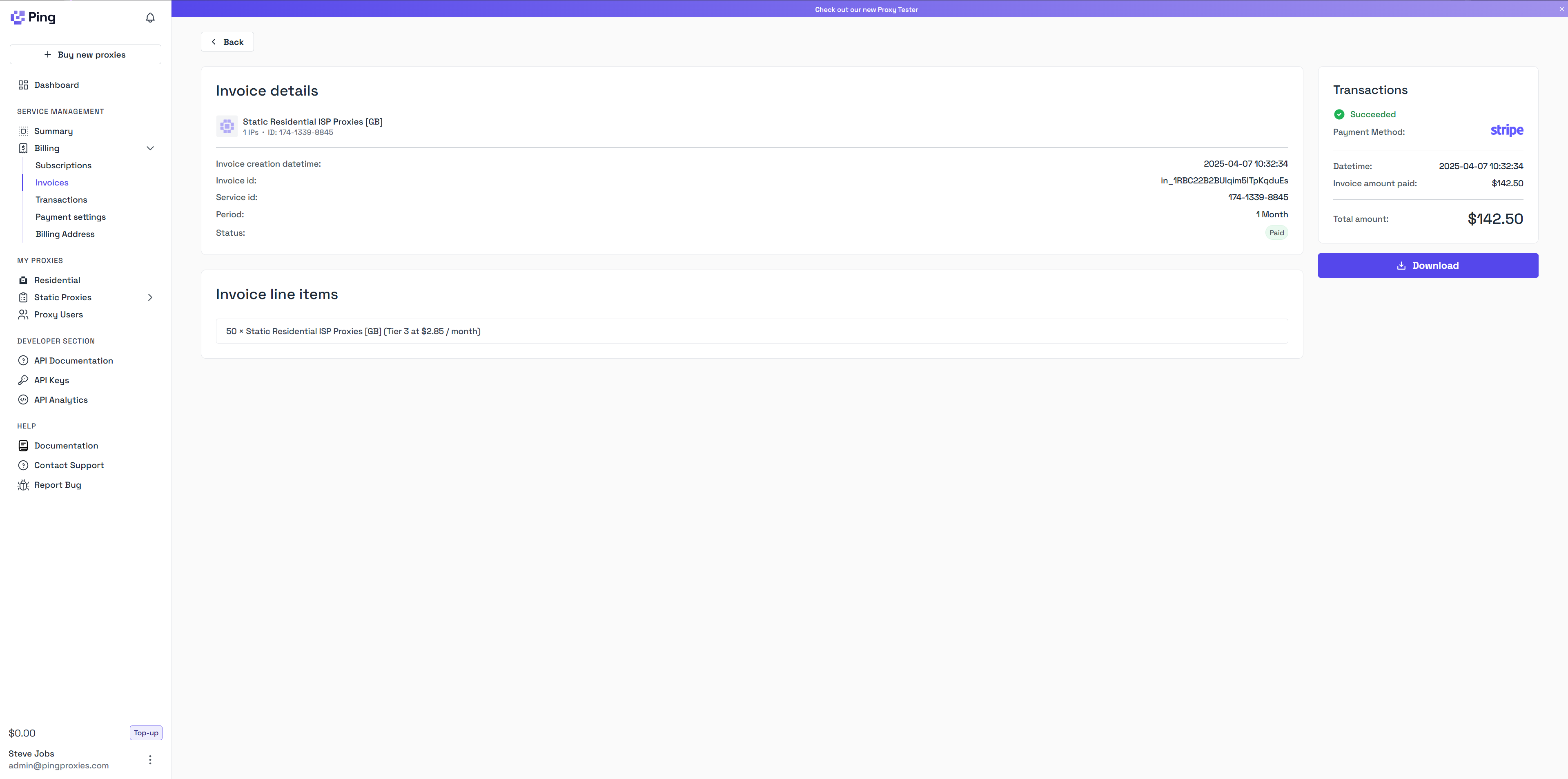 Ping Proxies Invoice download
