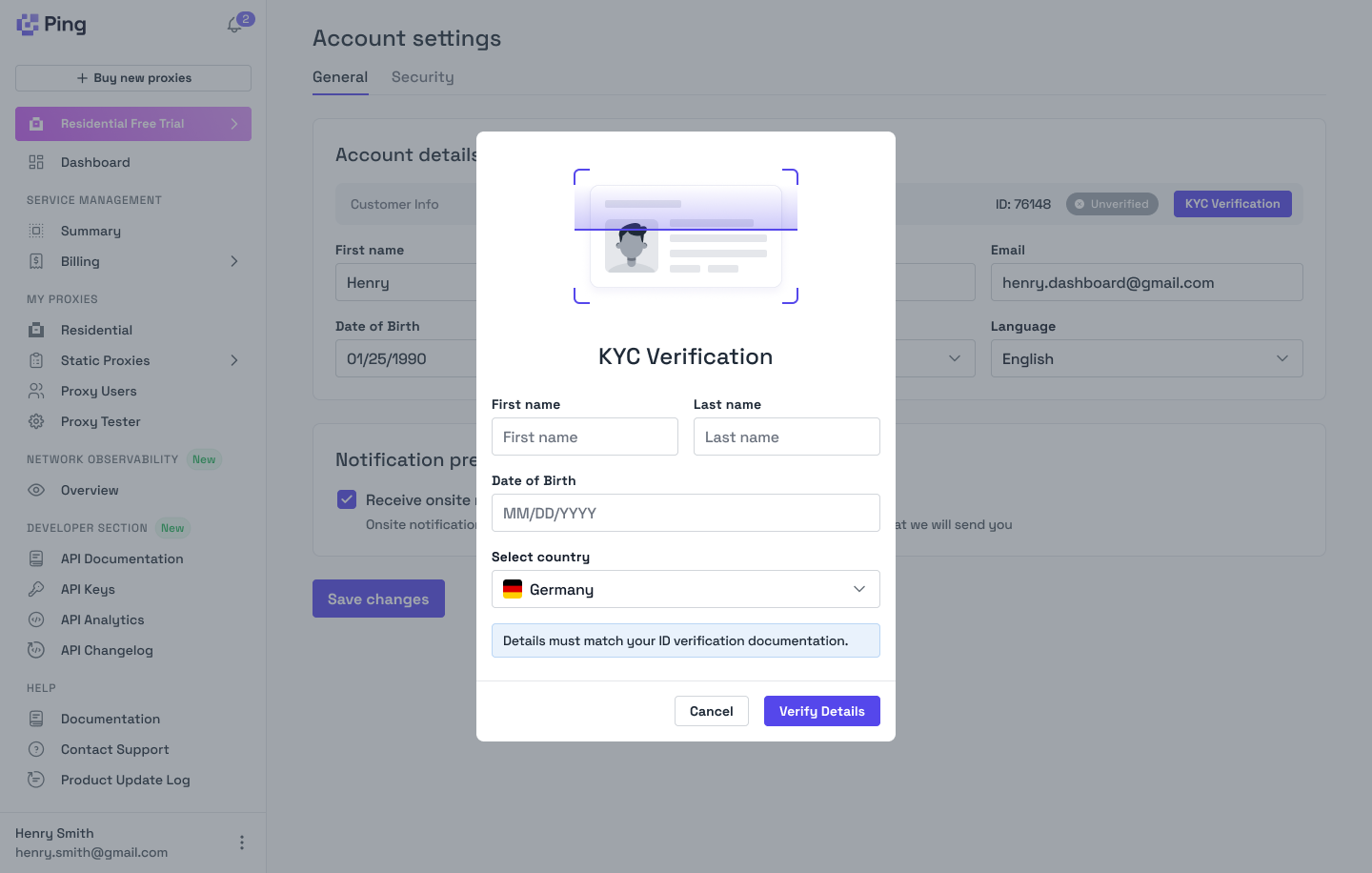 Ping Proxies KYC