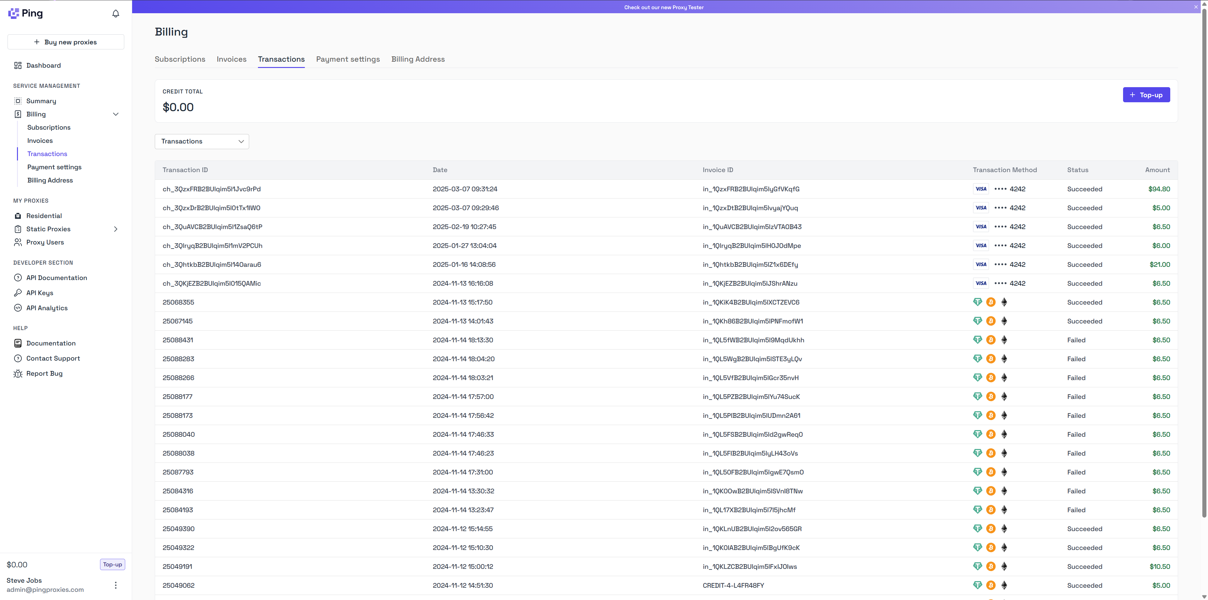 Ping Proxies Transaction List
