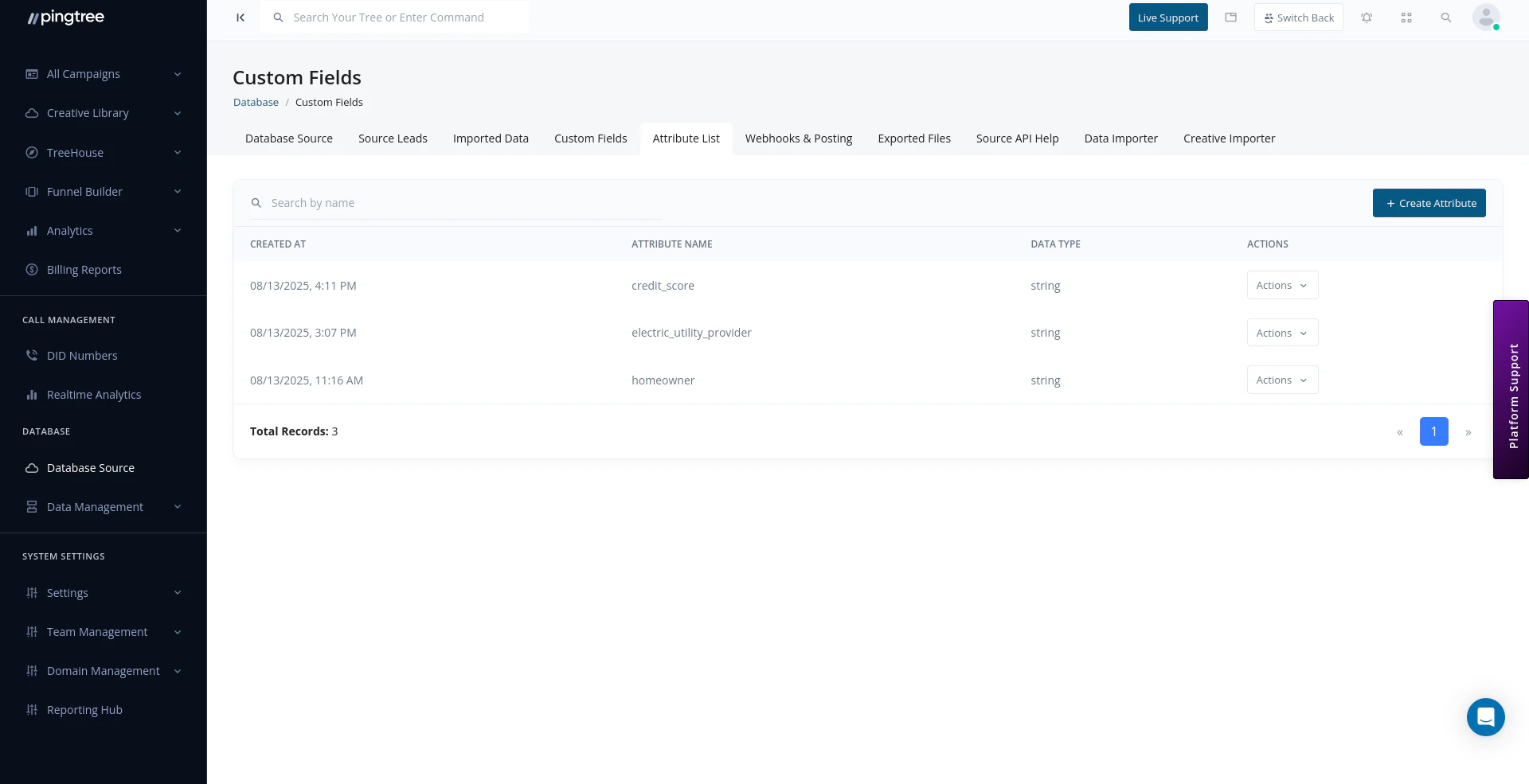 Attribute List with attribute names, data types, and actions