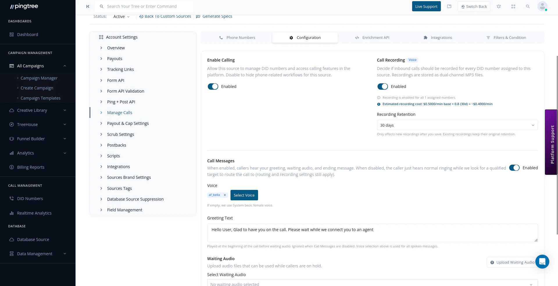 Call configuration with enable calling, recording, retention, greeting text, and waiting audio