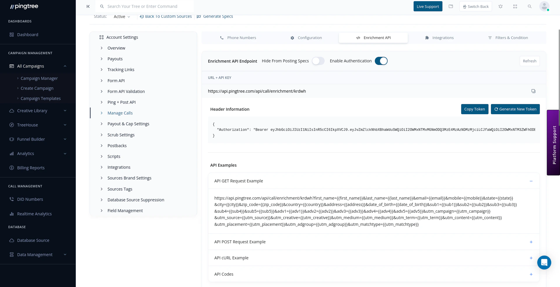 Enrichment API endpoint with authentication token, GET and POST request examples
