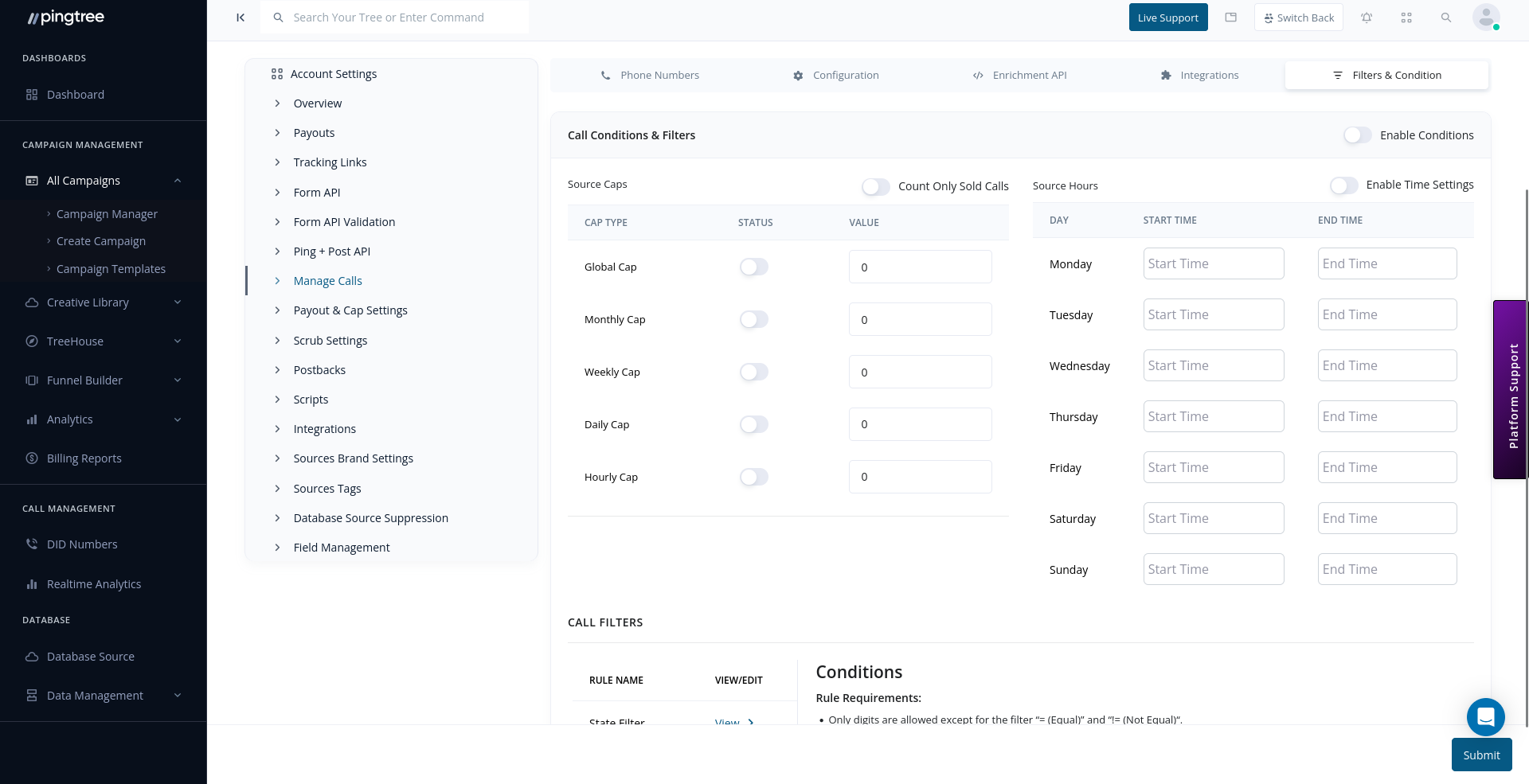 Call conditions and filters with source caps, time settings, and filter rules