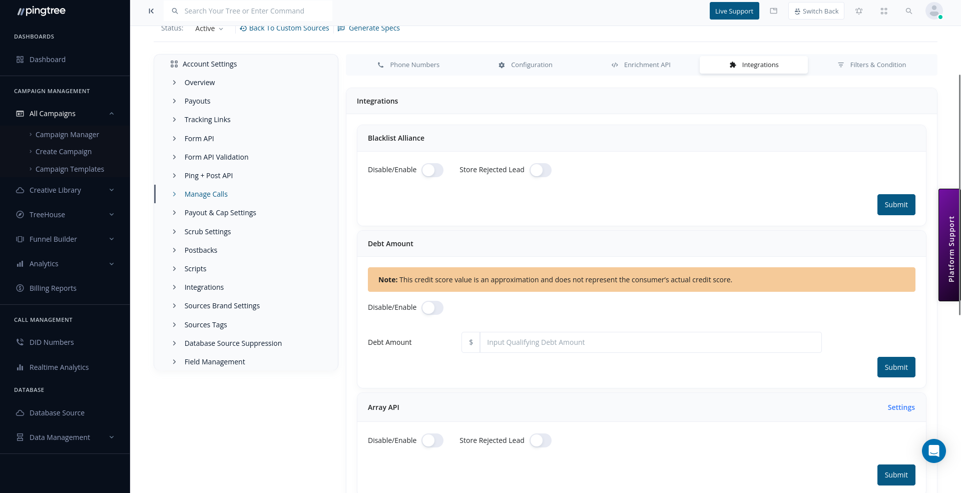 Source-level call integrations with Blacklist Alliance, Debt Amount, and Array API