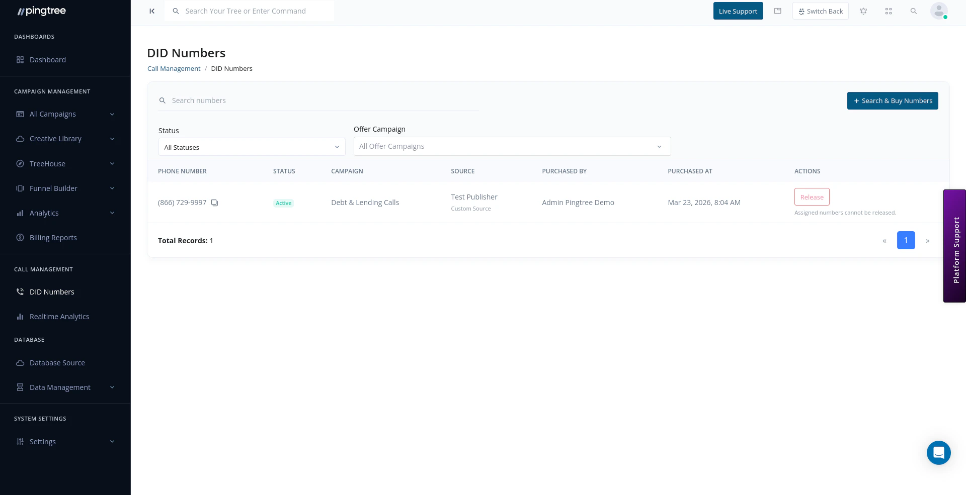 Call management overview showing DID numbers and call analytics