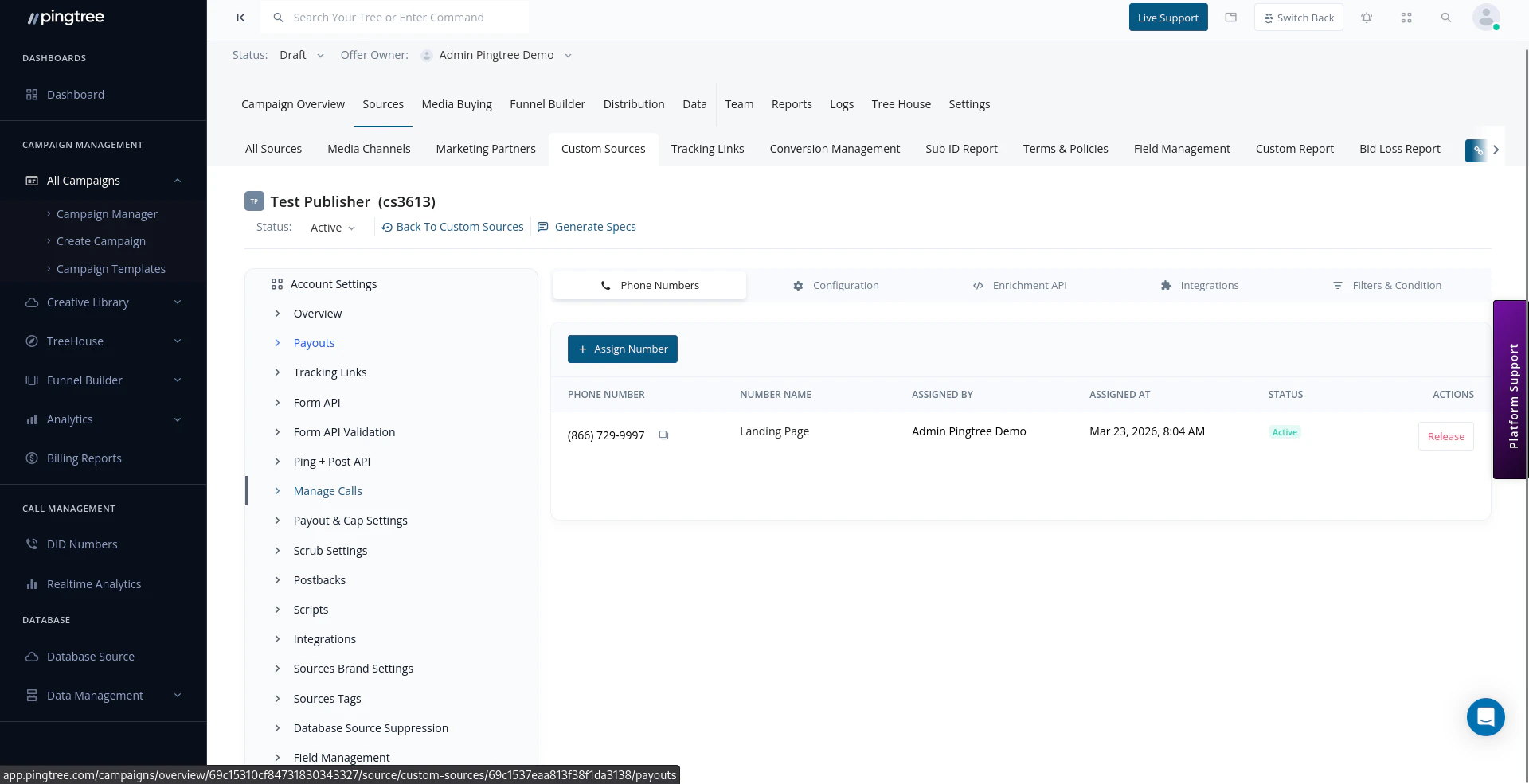 Phone Numbers tab showing assigned DID numbers with status and release option