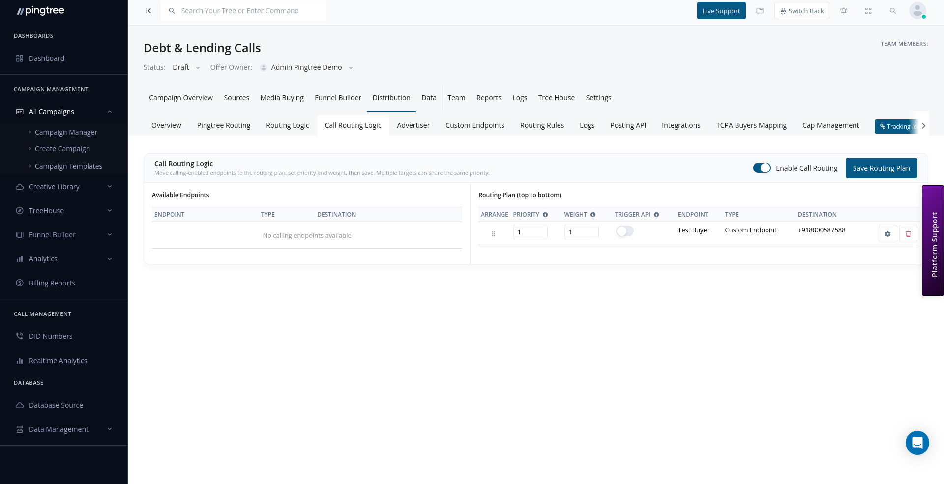 Call Routing Logic with endpoint priority, weight, and routing plan configuration