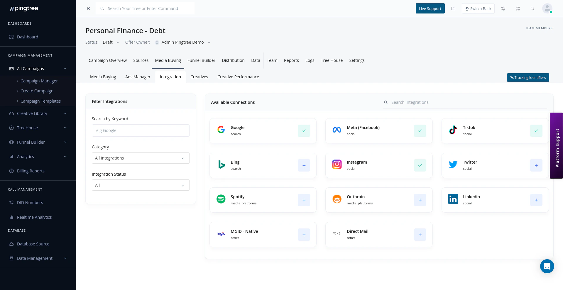 Campaign integrations showing available connections and filter options