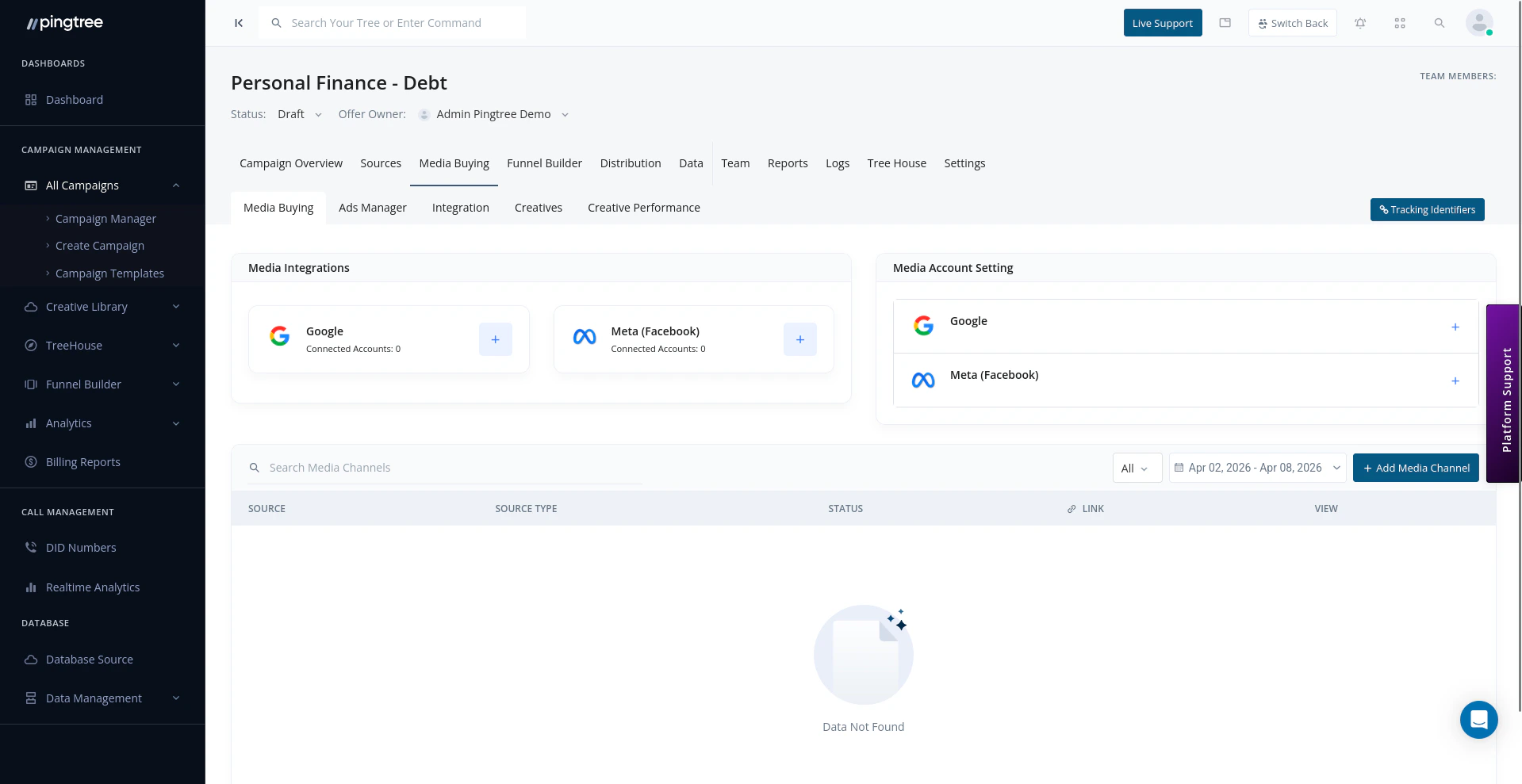 Media buying dashboard showing connected ad accounts