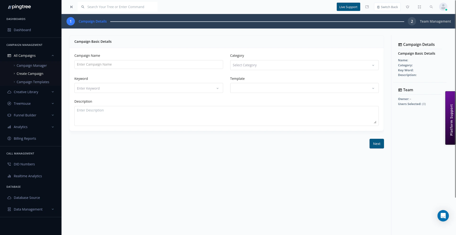 Campaign creation wizard first step