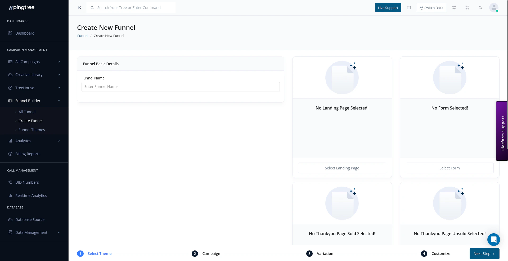 Funnel creation wizard with theme selection