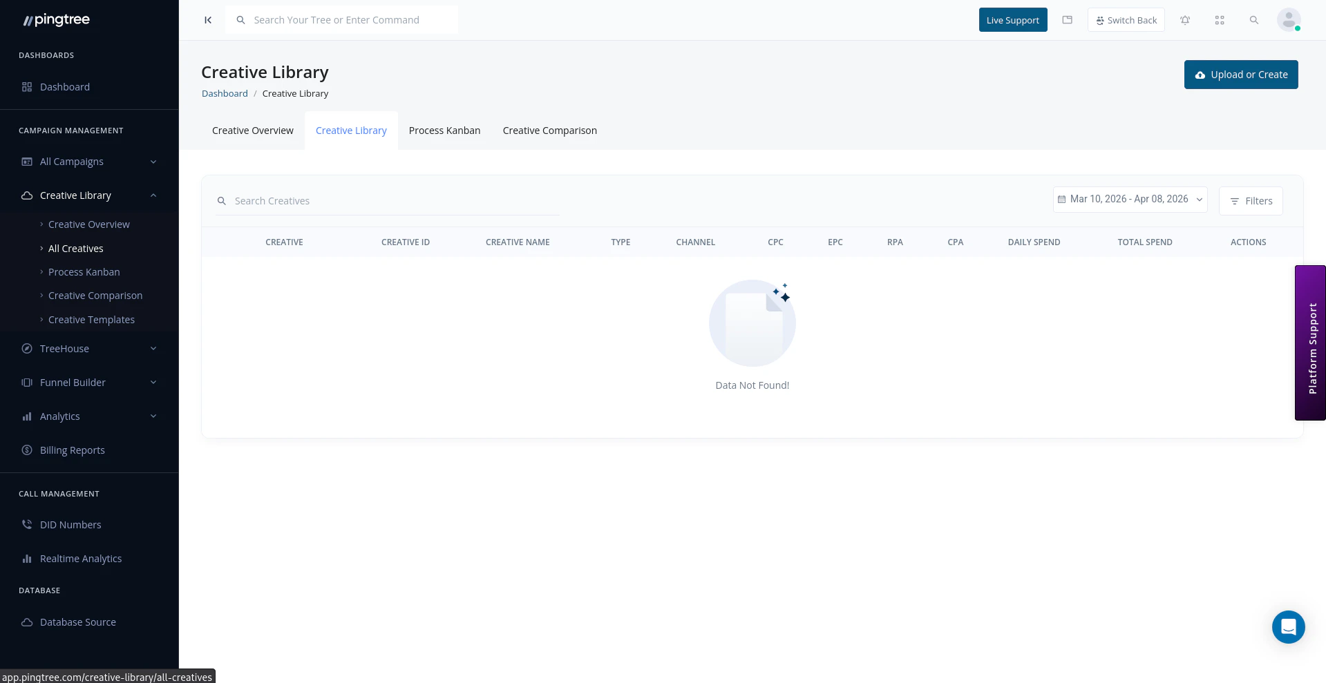 Creative library grid view with filters and upload options