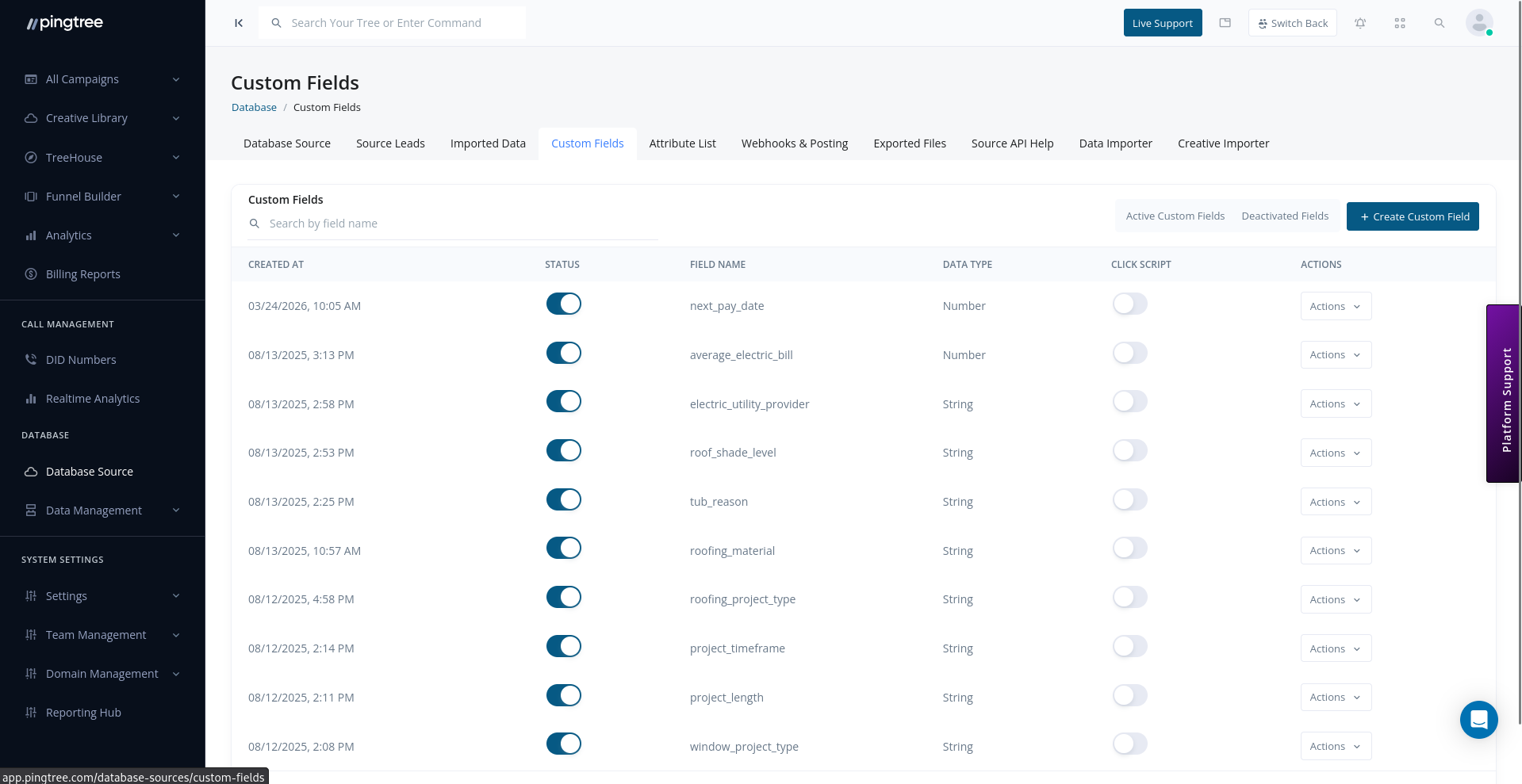 Custom Fields list with field names, data types, and status toggles