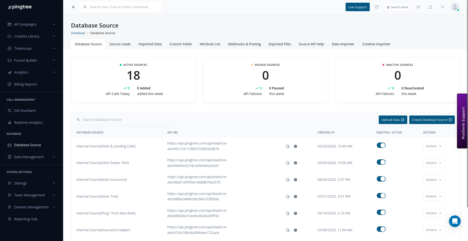 Database sources list with status indicators