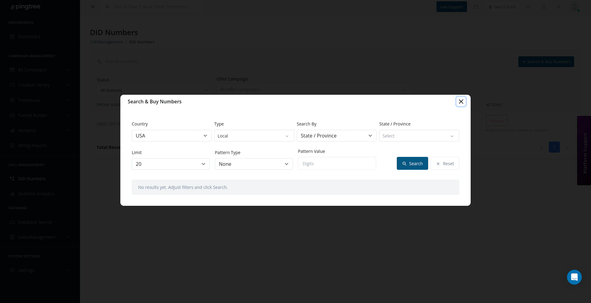 Search and Buy Numbers modal with country, type, and area code filters