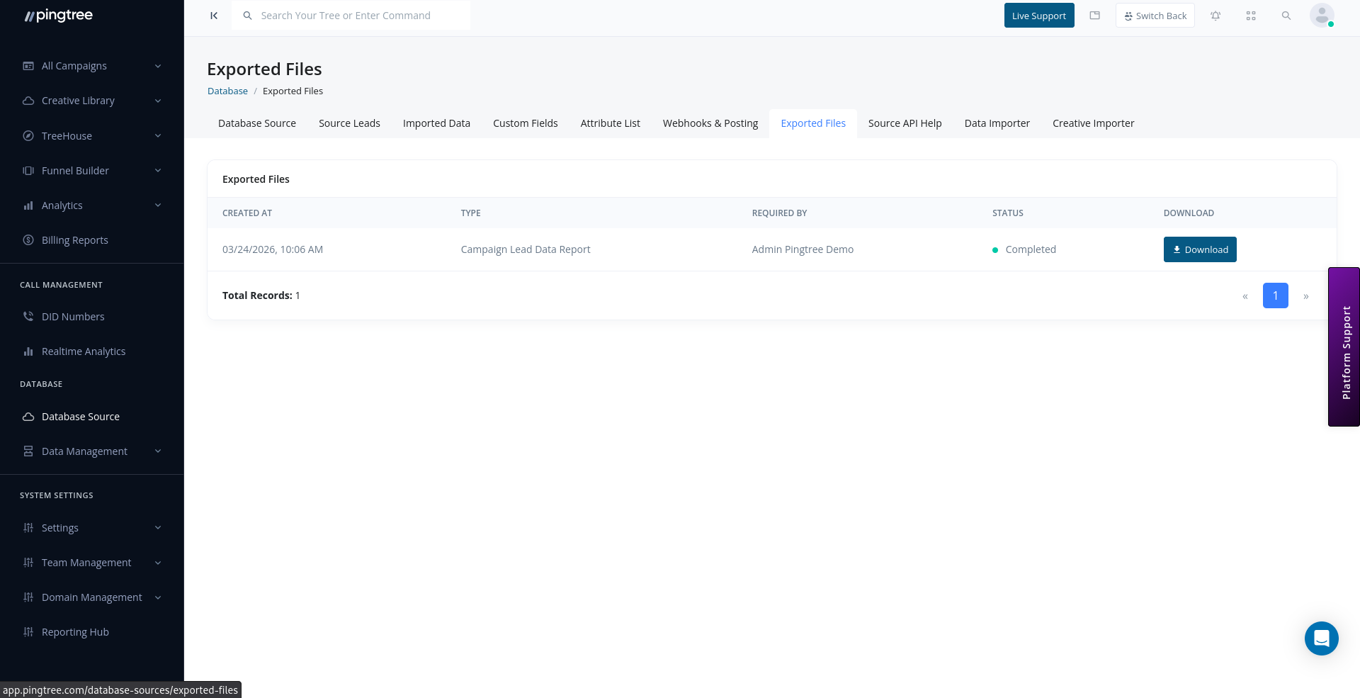 Exported Files list with file status and download button
